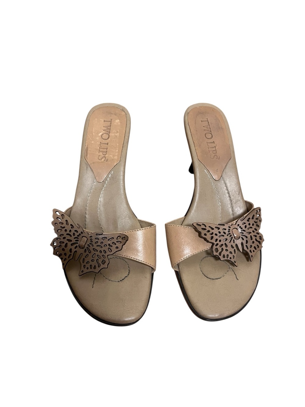 Two Lips Butterfly Tan Kitten Heels Mules Y2K — Size 6.5 - Picture 3 of 12